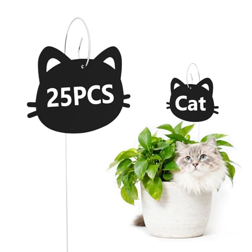 25-Pack Iron Metal Cute Cat's Head Shaped Garden Markers Weatherproof Metal Plant Labels Large Planting Seedling Stake Signs, Seedlings Herbs Vegetable Greenhouse Gifts with White Marker Pen Labels