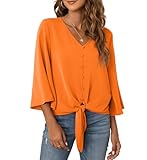 VIISHOW Women's Button V Neck Chiffon Tops 3/4 Bell Sleeve Tie Knot Casual Blouses Loose Summer Shirts(Bright Orange,Medium)
