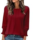 Uhiger Cute Tops for Women Business Casual Long Sleeve Shirts Formal Tunic Tops for Women Loose Fit Dressy Fall Smock Sleeve Blouse Work Professional Interview Clothes Textured Solid Shirt Burgundy Xl