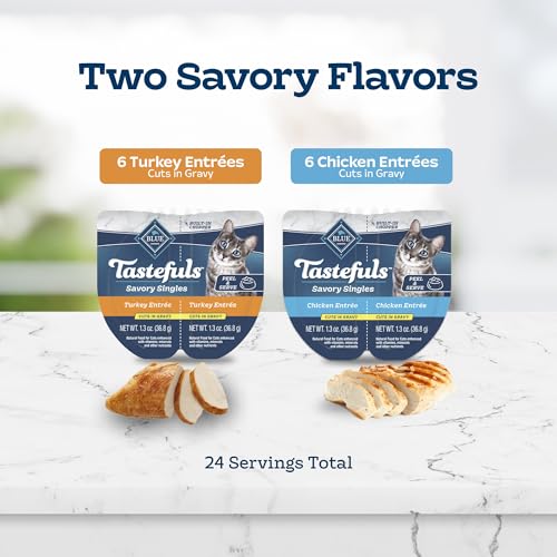 Image of Blue Buffalo Tastefuls Savory Singles Variety Pack, 2.6 oz, 12 ct | Wet Cat Food in Gravy, Twin-Pack Trays, Chicken /Turkey Entrees, Perfectly Portioned