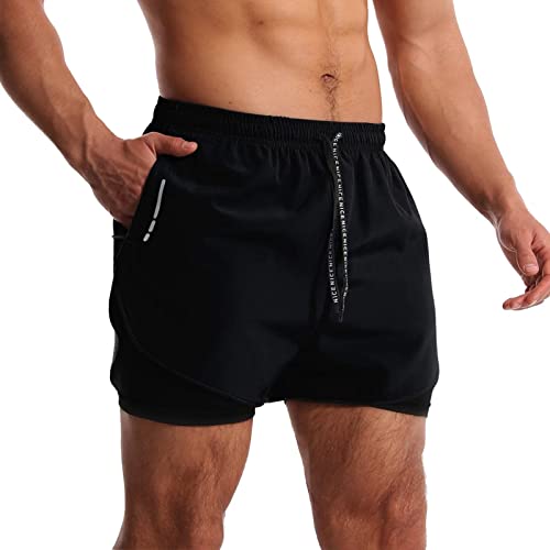 Oebld Men’s Running Shorts 3 Inch Workout Gym 2-In-1 Pants Athletic Compression Track Tights With Zipper Pockets Lightweight Quick Dry Sports Black #TOP1