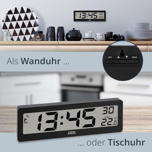 ADE Digitale Funkuhr Wohnzimmer mit Temperaturanzeige | sehr große Ziffern | gut ablesbares Display | schwarz