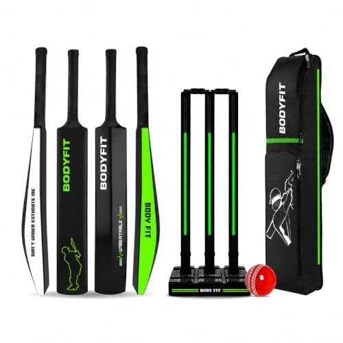 Image of Bodyfit Heavy Duty Plastic Premium Cricket Kit Set | Lightweight| Full Size| | Hard Plastic Bat| Premium Cricket Wicket Set l 3 Stumps+2 Bails+1 Stand Set, 1 Ball. (Cricket Set+Bag)