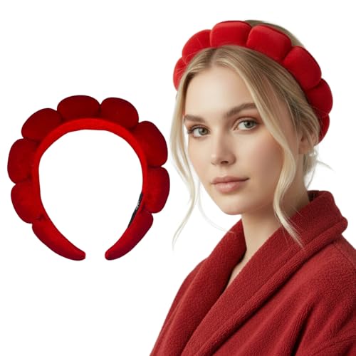 Bottega della Principessa – Serre-tête maquillage en velours bombé rouge – bandeau soin visage & spa, lavable et réglable, idée cadeau femme