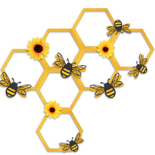 Yousoontic 26 Pcs Honeycomb Decorations Include 7.9 Wooden Hexagon 3D Bee Wall Decor Sunflower Decor Honeycomb Beehive Sign for Baby Shower DIY Honeybee Party (Gold Color)