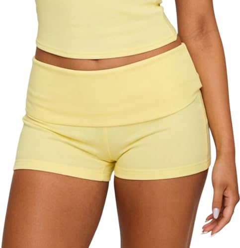 Image of KMBANGI Womens Fold Over Shorts Elastic Waist Y2k Lounge Shorts Foldover Cute Pajama Micro Bottoms Mini Shorts Sleepwear