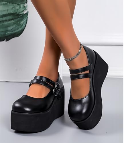 Image of Women's Platform Mary Janes Heart Cat Buckle Rivets Ankle Lolita Gothic Princess Platform Pumps Patent Leather Thorn Vintage Traditional Embroidery Upper Dress Shoes