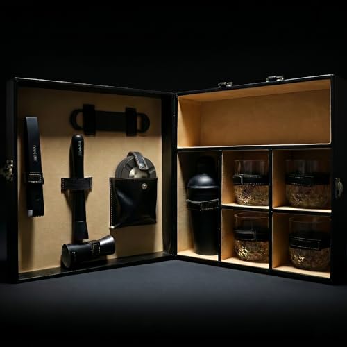 Image of Car-O-Bar Black Bar Set with Glasses Giftset | Bar Set for Home - Bartender Kit :Cocktail Shaker, Jigger, Muddler, Bottle Opener, Ice Tong, Set of 4 Whiskey Glasses and Ashtray
