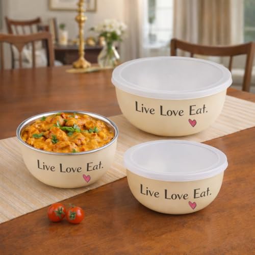 Image of Zaib Microwave Safe Stainless Steel Food Storage Containers with Lid | Pack of 3 | Sizes 12 cm, 14 cm, 16 cm | Capacity 500 ml, 750 ml, 1250 ml | Snap Fit Lid (Live Love Eat Regular 3)
