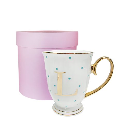 Bombay Duck 13 x 13 x 12 cm "Letter L" Alphabet Spotty Metallic Mug with Aqua Spots, White/Gold