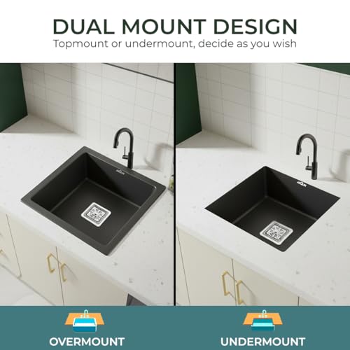 Image of ARQUIN Quartz Sink 18x16x9 Inch Black | Single Bowl Sink | Durable & Scratch-Resistant | Undermount /Topmount Including Coupling, Waste Pipe & Fruit Washing Basket