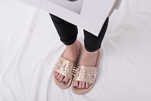Mila Lady Womens Summer Non-Slip Pearl Slides Sandals Slipper for Indoor Outdoor Beach Casual Shoes, Sandy Nude 7