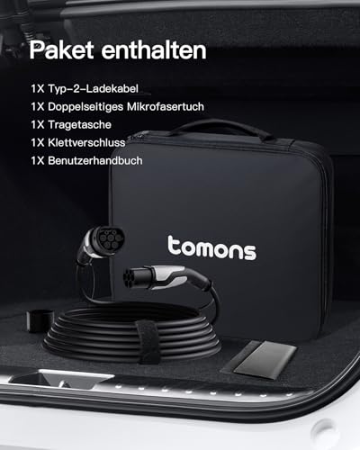 tomons Typ 2 Ladekabel, 22KW 5M 32A 3-Phasig,Elektroauto Typ 2 für EV/PHEV, Typ 2 auf Typ 2 EV mit Tragetasche und Mikrofasertuch für Model S/3/X/Y, ID.3, ID.4