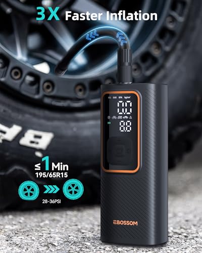 Image of EBOSSOM Tire Inflator Portable Air Compressor, Car Air Pump with Pressure Gauge, 150 PSI Cordless Tire Inflator Rechargeable with Display & LED for Car, Motocycle, Bikes, Balls, Swim Ring