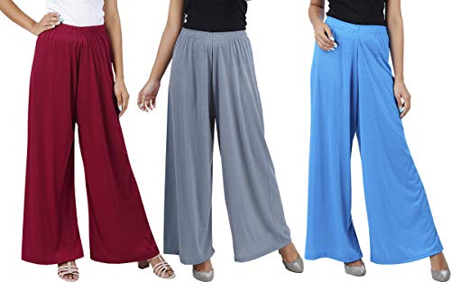 Image of Buy That Trendz Palazzo Pants for Women Rayon Elasticated Regular Fit Flared Wide Leg M to 6XL Pack of 3