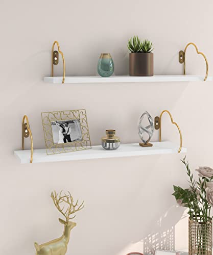 Mazjoaru 24 Inch Long Floating Shelves For Wall, White Gold Wall Storage Shelf Luxury Cute For Bathroom Nursery Kitchen Living Room With Golden Heart Brackets, Set Of 2 #TOP7