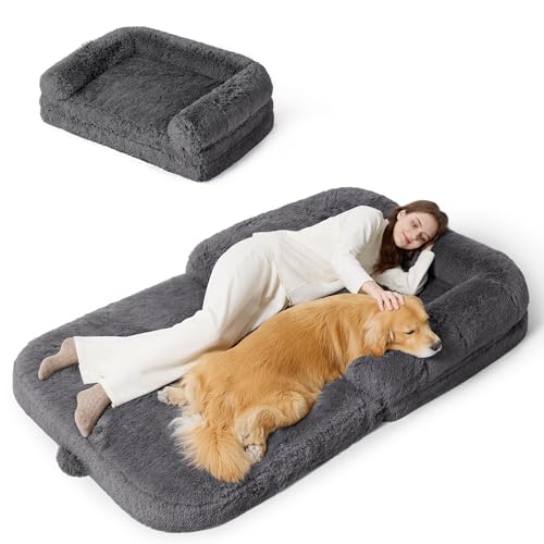 Bedsure Foldable Human Dog Bed - 2 in 1 Flexible Giant Human Dog Bed for Adult People with Supportive Bolster Egg Foam, Waterproof Liner, Calming Fluffy Faux Fur Orthopedic Big Bean Bed, Dark Grey