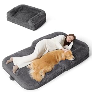 Bedsure Foldable Human Dog Bed – 2 in 1 Flexible Giant Human Dog Bed for Adult People with Supportive Bolster Egg Foam, Waterproof Liner, Calming Fluffy Faux Fur Orthopedic Big Bean Bed, Dark Grey