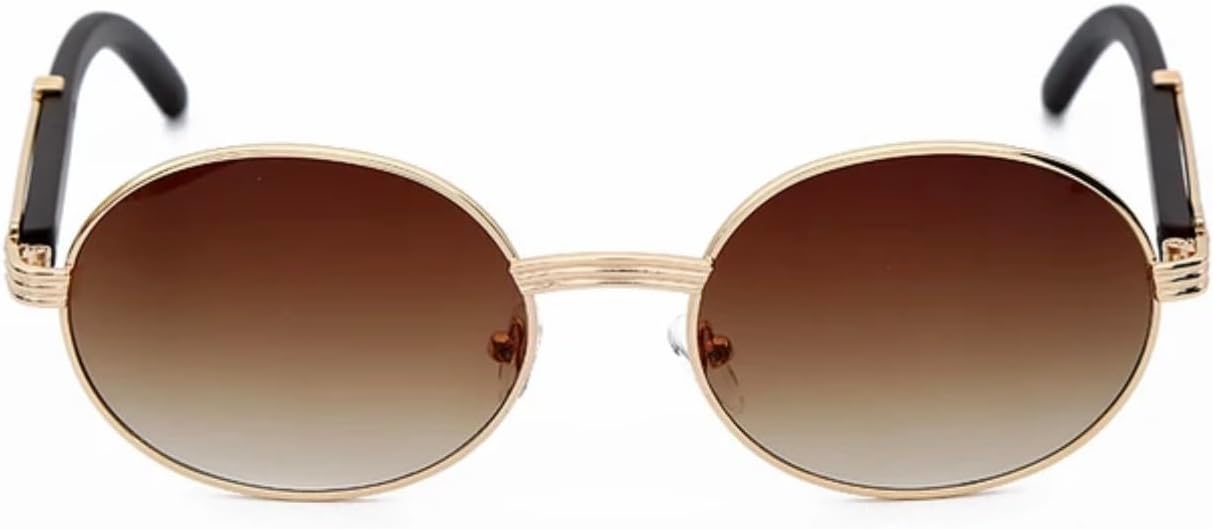 Street Knitted Oval Brown Tint Woodgrqin Temple Gold Frame Round Men's Women's Summer Glasses Vintage Hip Hop Fashion Unisex Trendy Retro 90's Shades UV Protection Circle Sunglasses - Image 2