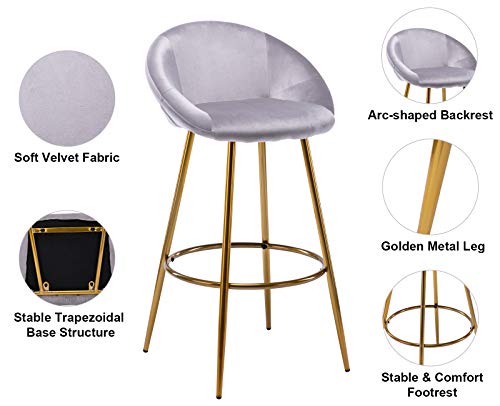 Cimota Velvet Bar Stools Set Of 2, Tufted Kitchen Bar Height Stools With Back Footrest 30 Inch Stool Chairs For Home Bar, Dining Room, Gray #TOP3