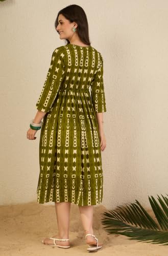 Image of Janasya Women's Olive Green Pure Cotton Geometric Printed Fit & Flare Dress