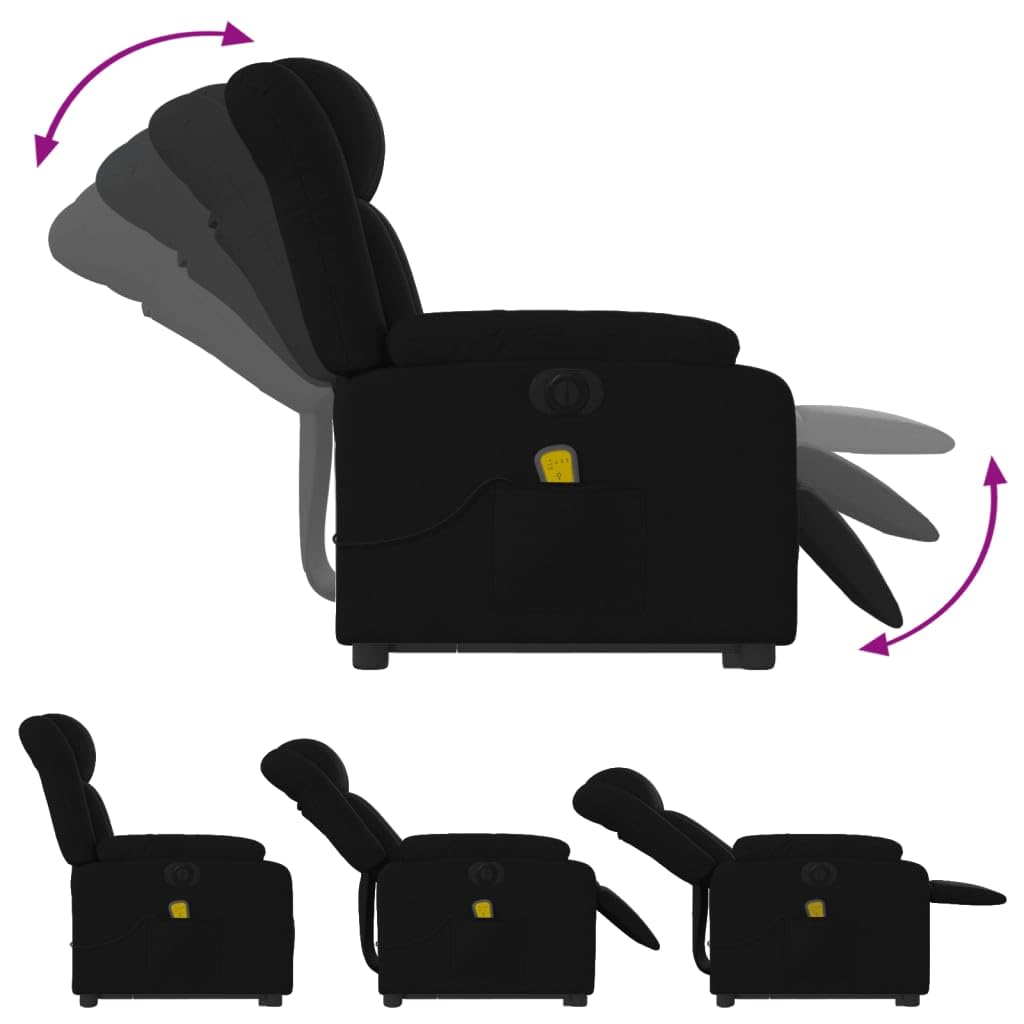 Sillón elevador eléctrico reclinable de tela negra con 6 puntos de vibración y función de elevación, cómodo y estable para relajación y bienestar