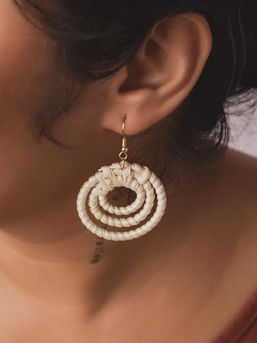 Image of MINACHI Boho Chic Handmade Rattan Wood Dangle Drop Earrings for Women, Bohemian Summer Beach Statement Jewelry Gift for Women
