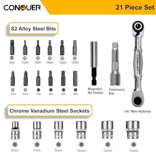 Image of CONQUER 21-Piece 1 /4 inch Drive Mini Ratchet Set, 72-Tooth Dual Head with Quick Release & Spin Disk, Universal Spline Sockets (6-13mm, SAE /Metric) & S2 Bits