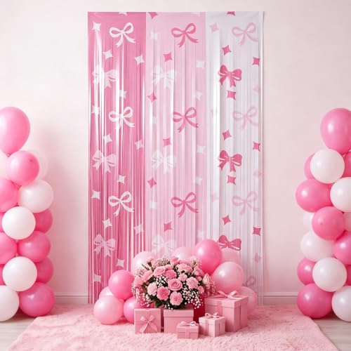 Image of TONIFUL 2Pcs Pink White Bow Metallic Tinsel Foil Fringe Curtains Streamers | 3.3ftx6.6ft Photo Booth Backdrop Door Streamer Curtain for Baby Girl Shower Birthday Princess Theme Party Wedding Decorations