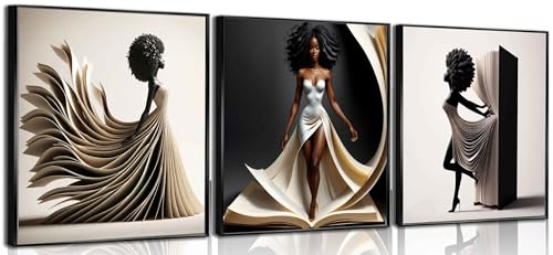 3Pcs Black Girl Canvas Wall Art Black woman Wall Decor Pictures Afro African American Abstract Book Wedding Dress Posters Prints for Bathroom Living Room Bedroom Corridor Decoration 12x12inUnframed