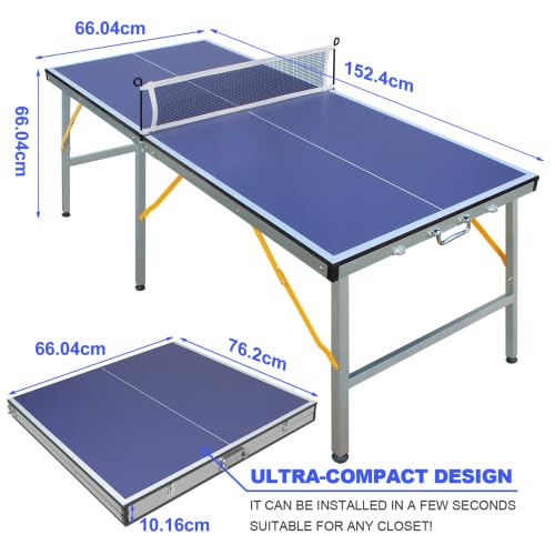 Tavolo da ping pong pieghevole da 137 cm, tavolo da ping pong portatile con rete, 2 racchette e 3 palline, superficie di gioco in MDF con rimbalzo uniforme della palla, per interni ed esterni