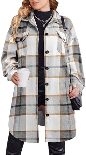 Zeagoo Womens Plus Size Flannel Plaid Button Down Shirts Long Sleeve Lounge Lapel Tartan Shacket Jacket Long Coats 2024 Grey