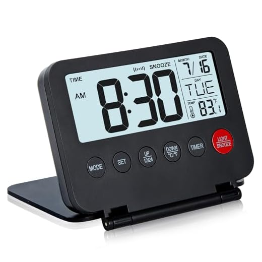 Small Digital Travel Alarm Clock, Large LCD Display Front Button with Date & Temperature, Snooze and 8 Seconds Backlight AAA Battery Operated Desk Clock for Home & Office, Black