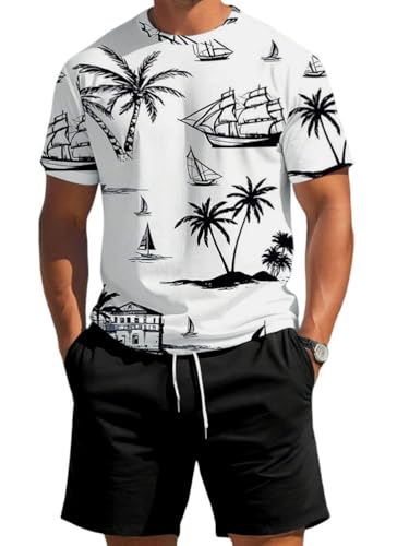 Oanviso Chándal de Hombre 2 Piezas Manga Corta Hawaii Estampado T Shirt Pantalones Cortos de Deporte Conjunto Chándals Verano Camisetas + Conjuntos de Shorts A Negro 3XL