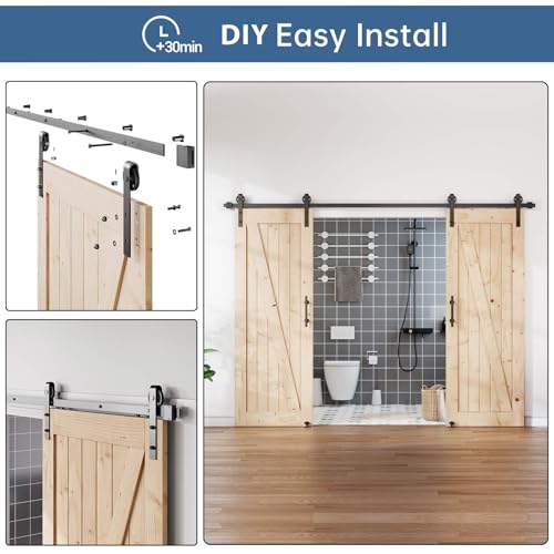 Image of EaseLife 10FT Double Door Sliding Barn Door Hardware Track Kit & Handle,Big Industrial Spoke Wheel,Wall Mount,Slide Smoothly Quietly,Easy Install,Black,108 inch Track Fit for 50-52 inch Wide Opening (No Door)