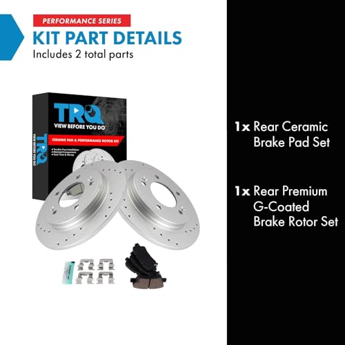 Image of TRQ Performance Rear Brake Pad and Rotor Set Ceramic Coated Drilled Slotted Rotors Compatible with 2019-2021 Hyundai Veloster 2020 Kia Forte