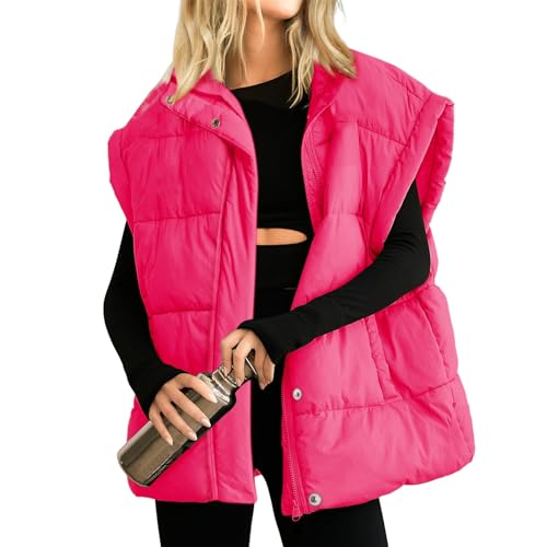 Ainangua Women's Puffer Vest Stand Collar Zipper Sleeveless Jackets Winter Lightweight Vests Warm Padded Jacket Coat Medium Rose Red