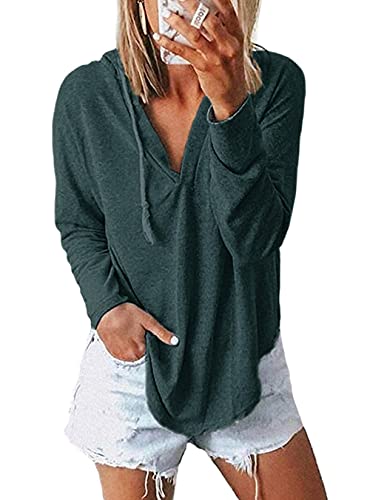 Image of Womens Long Sleeve V Neck Hoodie Sweatshirts Lightweight Pullover Tops