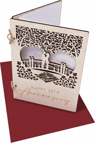 Wooden 25th Anniversary Card with Loving Couple on a Bridge Detailed Carving 25 (25 Year Anniversary)