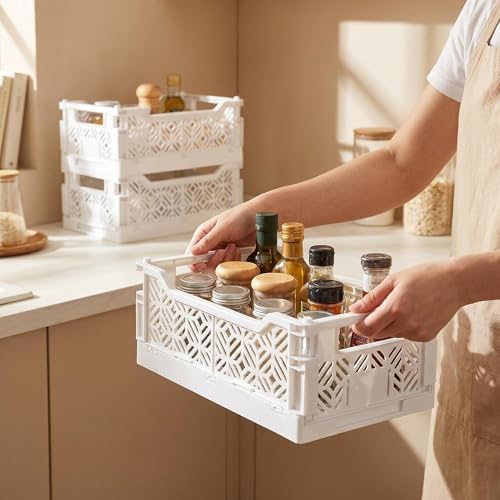 6 Pack Collapsible Storage Bins, White Plastic Crates for Storage with Label Slot,Stackable Plastic Storage Bins for Home Office Shelves Closet Kitchen,Space Saving for Daily Supplies（12.2"x8.3"x4.7")