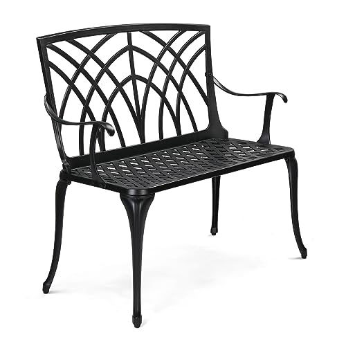 VINGLI 38" Outdoor Metal Bench, Cast Aluminium Garden Bench, Weatherproof Antique Finish Orchid Chair, 1-2 Person Seat Deck Furniture for Porch Entryway Patio (Black)