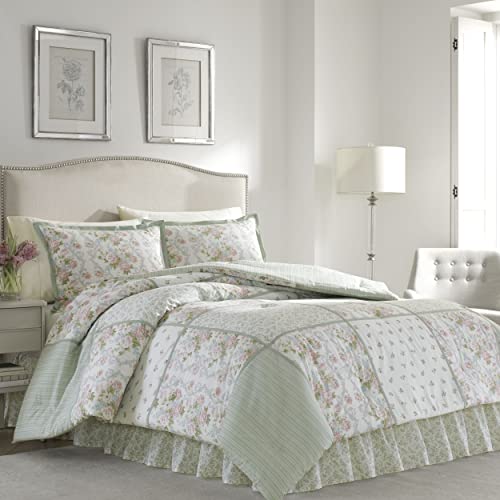 Image of Laura Ashley - Full Comforter Set, Reversible Cotton Bedding with Matching Shams & Bedskirt, Stylish Home Decor for All Seasons (Harper Sage, Full)