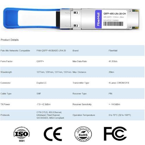 Image of 40G QSFP+ LR4 Optical Transceiver Module,Compatible with Palo Alto Networks PAN-QSFP-40GBASE-LR4-20,40GBASE-LR4 QSFP+ 1310nm,CWDM4 20km LC DOM