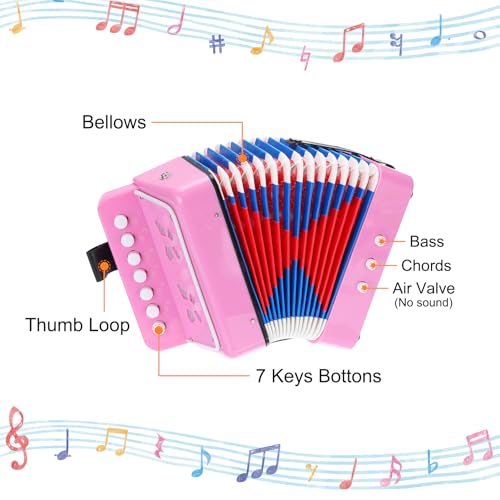 QUARKZMAN Knopfakkordeon 10 Tasten Knopf Ziehharmonika Mini Musikinstrument Spielzeug Geschenke für Anfänger Erwachsene Anfänger Bildung, Pink