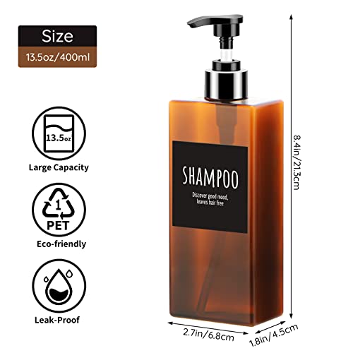 Image of Segbeauty 3pcs 13.5oz Empty Refillable Pump Bottle Dispenser with Labels, 400ml Plastic Shower Bottles for Lotion Body Soap Shampoo Conditioner Gel Hotel Bathroom Brown