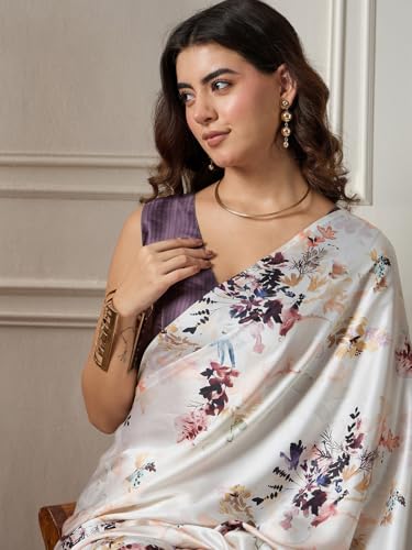 Image of AKHILAM Women's Multicolor Satin Silk Floral Printed Saree With Unstitched Blouse (SATIN1403 RJ11 Parent)