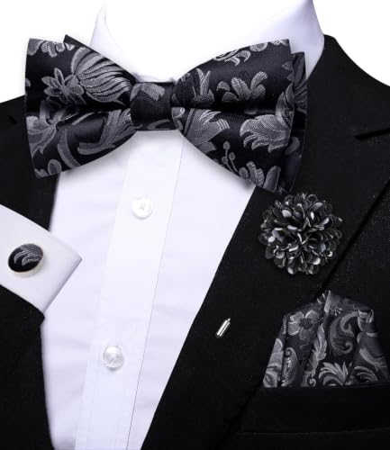 Image of Mens Paisley Striped Bowtie Set Pre-tied Bowtie for Men and Pocket Square Set Wedding Business