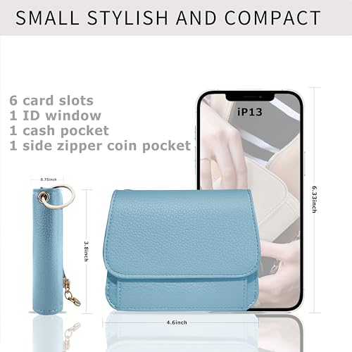 Image of Women Small Wallet RFID Blocking Slim Wallet with Coin Pocket Tri-Fold Credit Card Holder with ID Window and Keychain (Blue)
