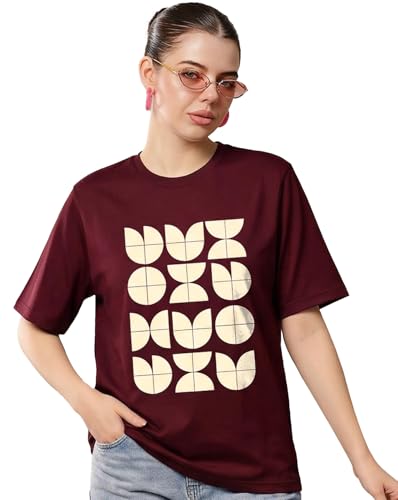 Image of Women's Typography Round Neck Cotton-Blend T-Shirts, Oversized Drop Shoulder Boho Style T-Shirt