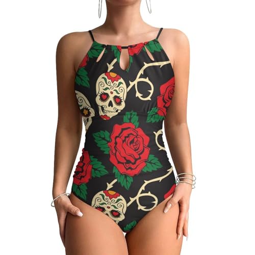 Maillot de bain une pièce sculptant à motif crâne de rose pour l'été